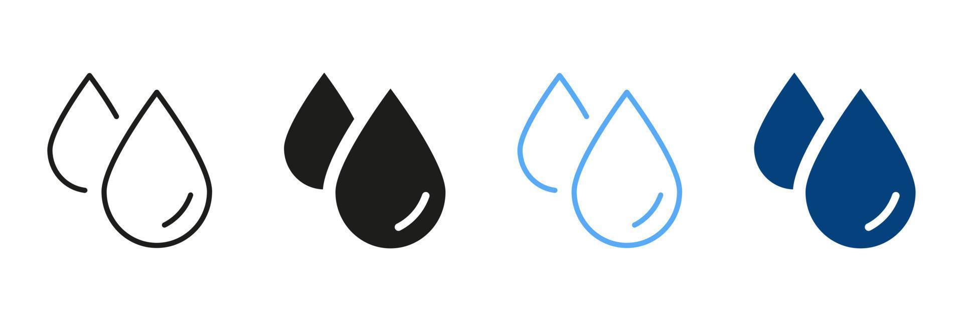 water druppels silhouet en lijn icoon set. druppeltje van water pictogram verzameling. gedruppeld regendruppel zwart en kleur teken. vector geïsoleerd illustratie.