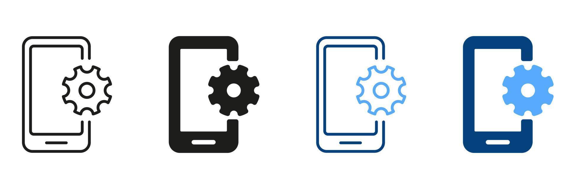 updaten in werking systeem, reparatie mobiel telefoon pictogram. bijwerken smartphone lijn en silhouet icoon set. instelling omhoog smartphone symbool concept. uitrusting en mobiel teken. geïsoleerd vector illustratie.