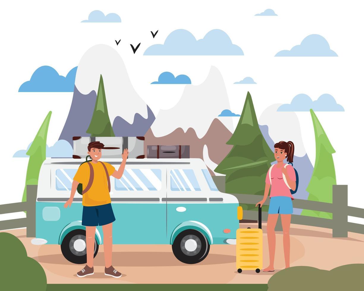 illustratie van een paar klaar aan het doen weg reis met een busje. reis, hiking, toerisme, het rijden, weg reis concept illustratie. vector