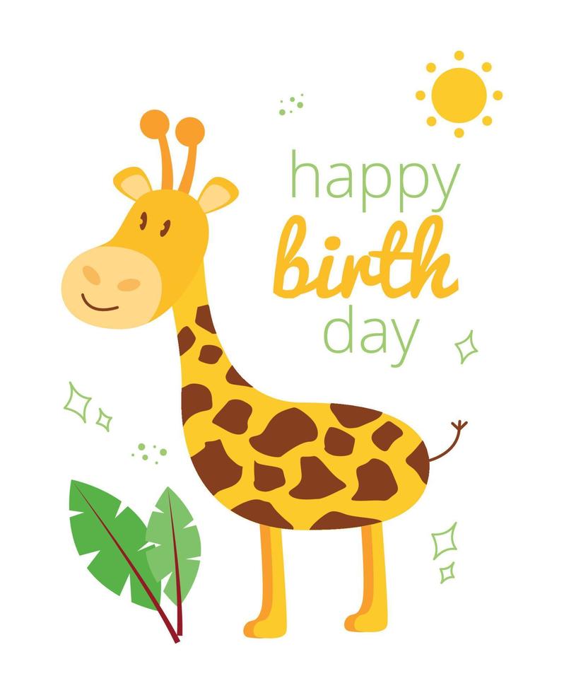 illustratie met een giraffe, een zon, een palm blad en de opschrift gelukkig verjaardag. gelukkig verjaardag groet kaart met giraffe vector
