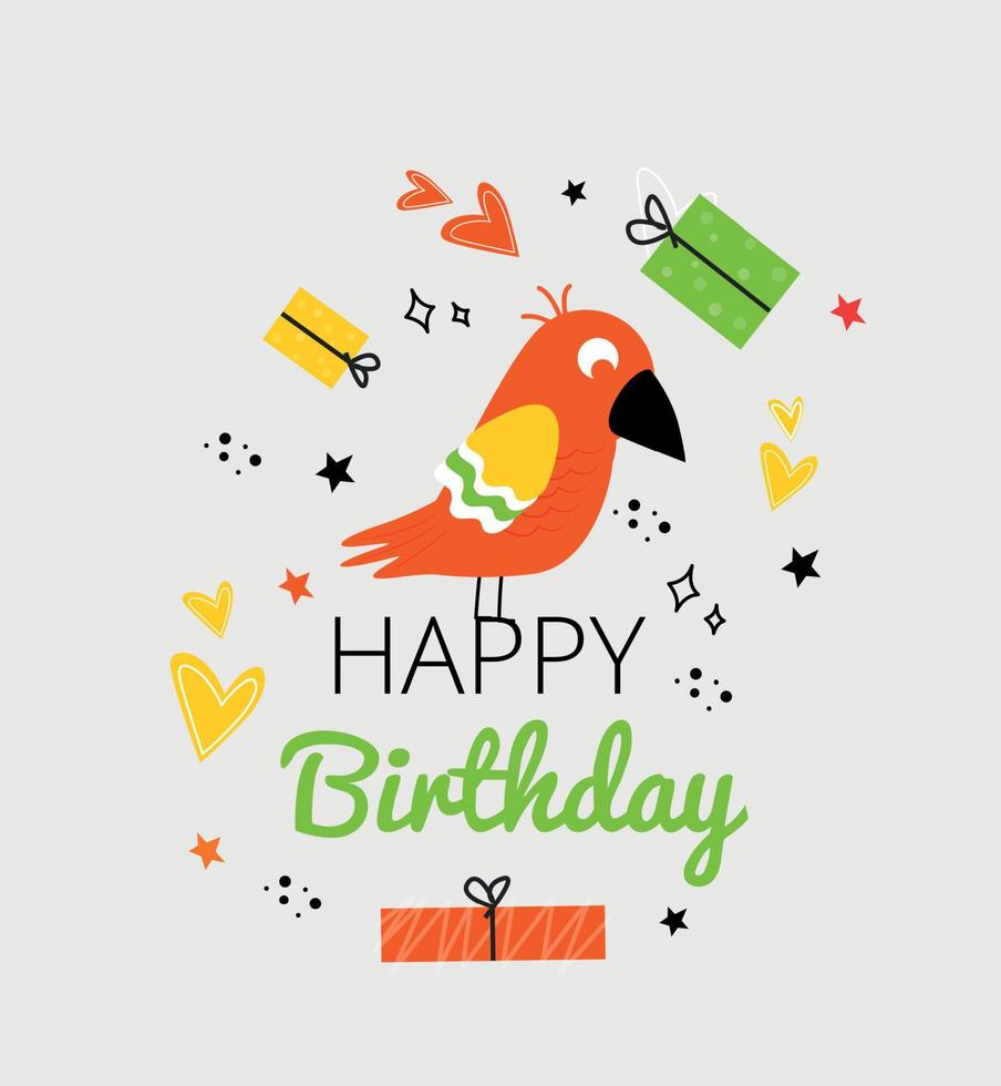 illustratie met een papegaai, een geschenk, harten, sterren, een inscriptie. groet kaart met een papegaai met geschenken, harten, sterren en de opschrift gelukkig verjaardag. vector