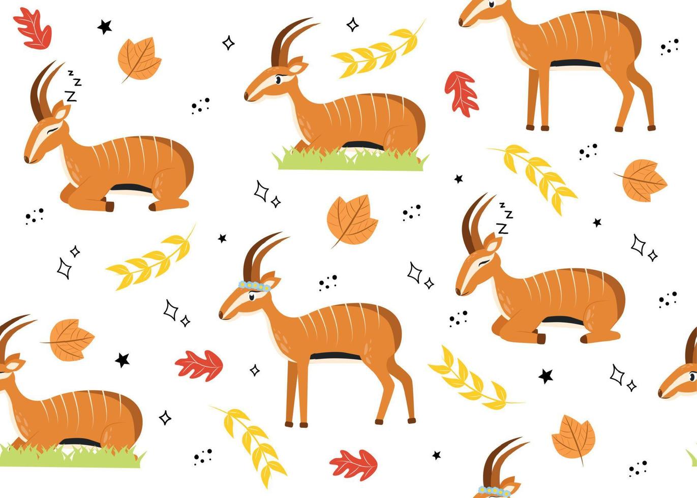 naadloos patroon met antilope. vector illustratie met dier antilope, fabriek bladeren, ster, tekening