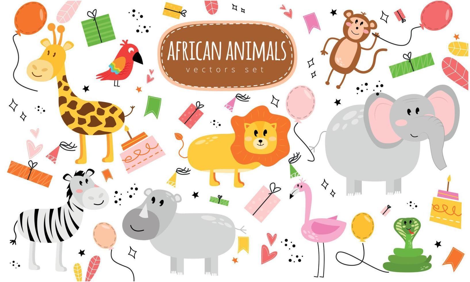 illustratie met dieren belettering Afrikaanse dieren vector set, vakantie elementen. illustratie met dieren en de opschrift Afrikaanse dieren vector set.