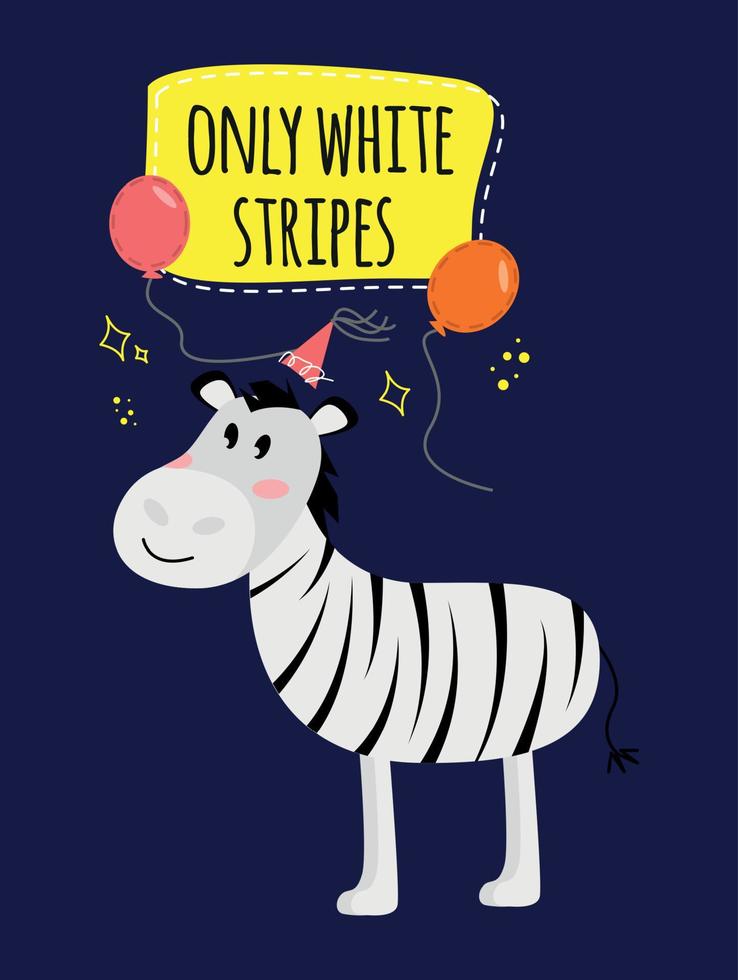 illustratie met een zebra, ballonnen en de opschrift enkel en alleen wit strepen Aan een donker achtergrond. illustratie met een zebra en de opschrift enkel en alleen wit strepen Aan een donker achtergrond. vector