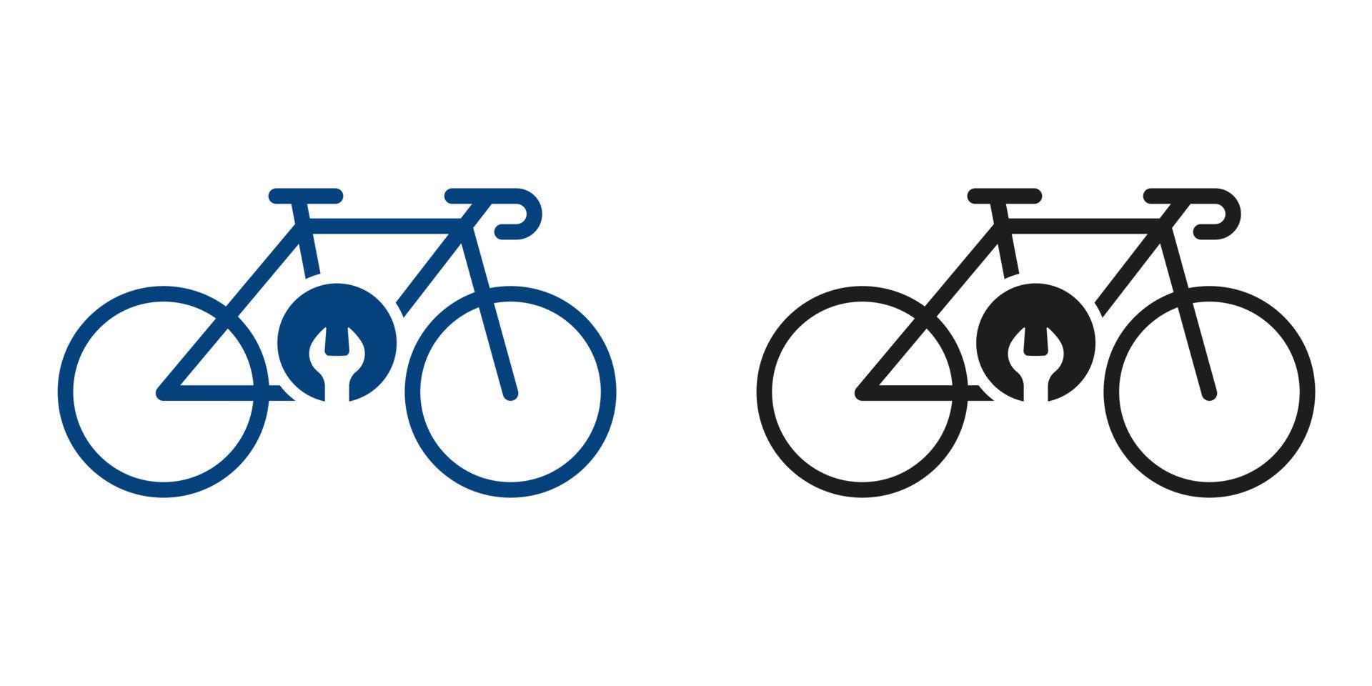 fiets met moersleutel reparatie concept silhouet icoon set. werkplaats voor fiets vervoer pictogram. fiets monteur reparatie solide symbool verzameling Aan wit achtergrond. geïsoleerd vector illustratie.