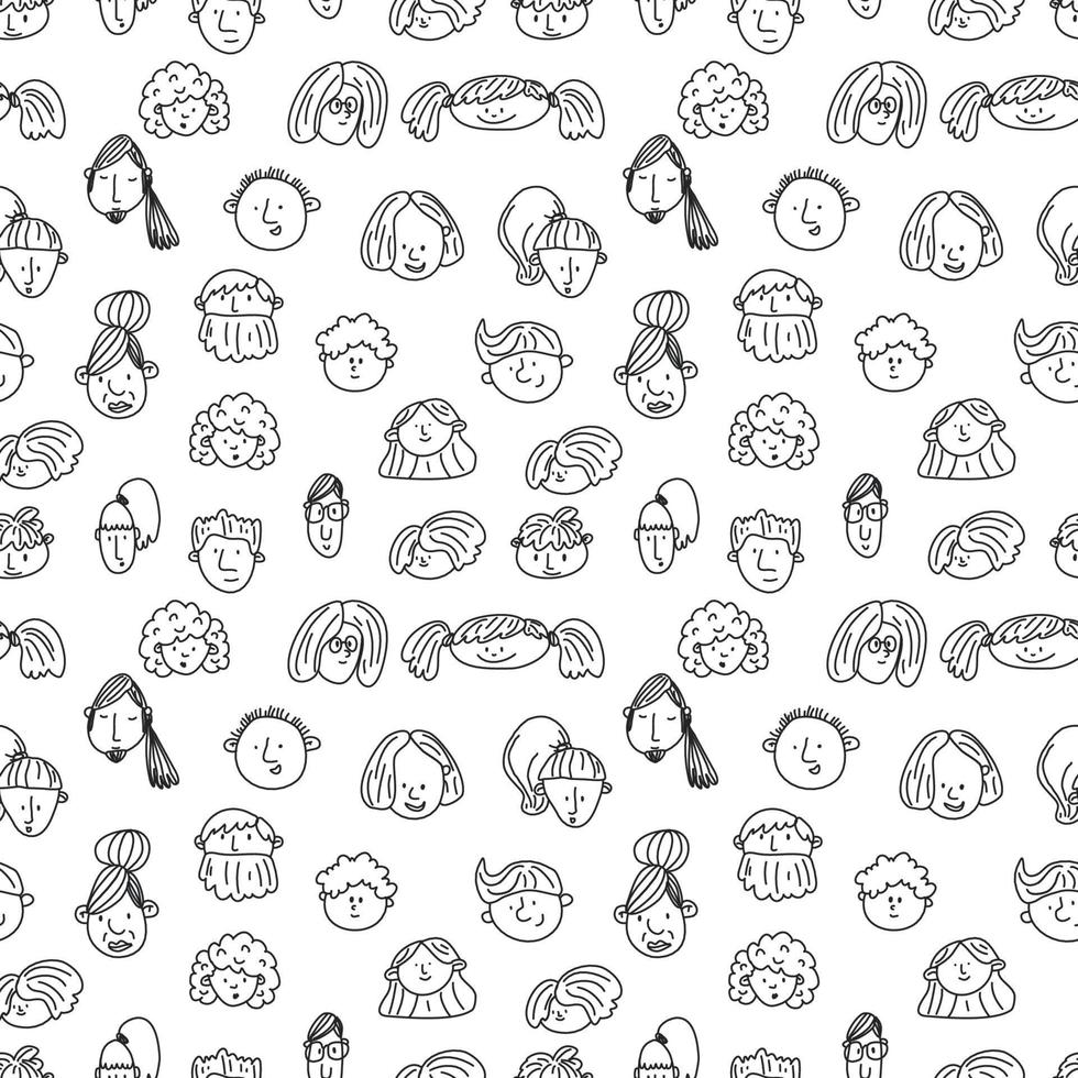 naadloos patroon met gezichten van mensen. zwart-wit schets. handgetekende doodle stijl... lijntekeningen. verschillende mannen en vrouwen. stripfiguren. vector illustratie