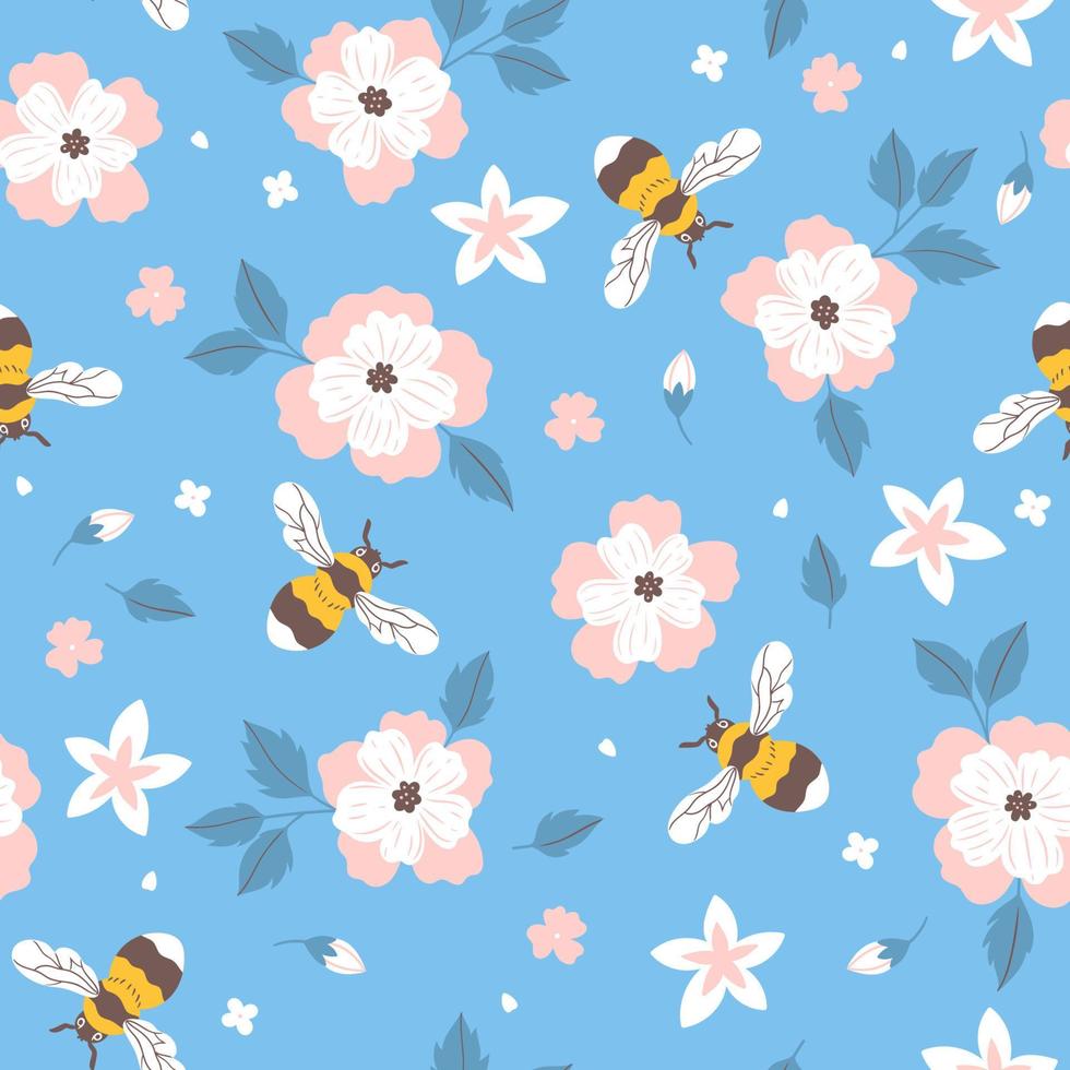 naadloos patroon met bijen en roze en wit bloemen. vector grafiek.