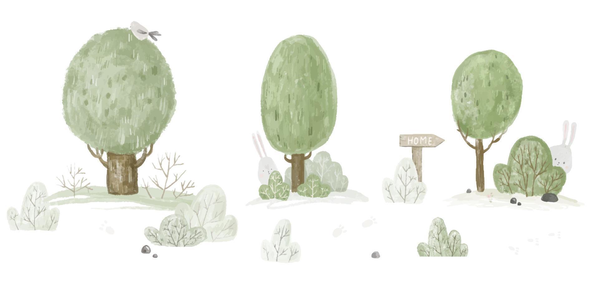 kinderen landschap met groen bomen, konijn en vogel. schattig kinderachtig ontwerp vector