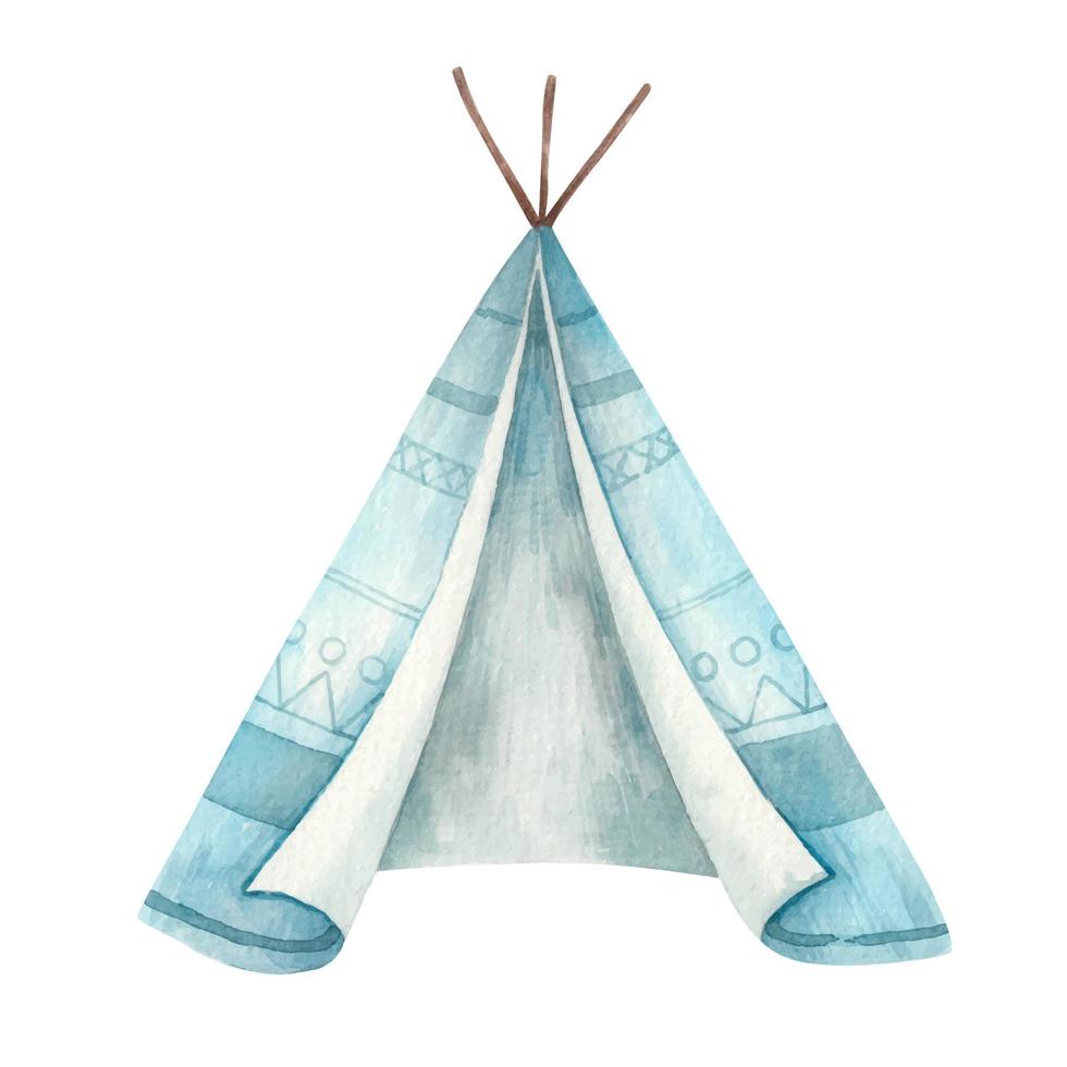 baby bruin en blauw wigwam, schattig baby waterverf illustratie geïsoleerd Aan wit achtergrond vector