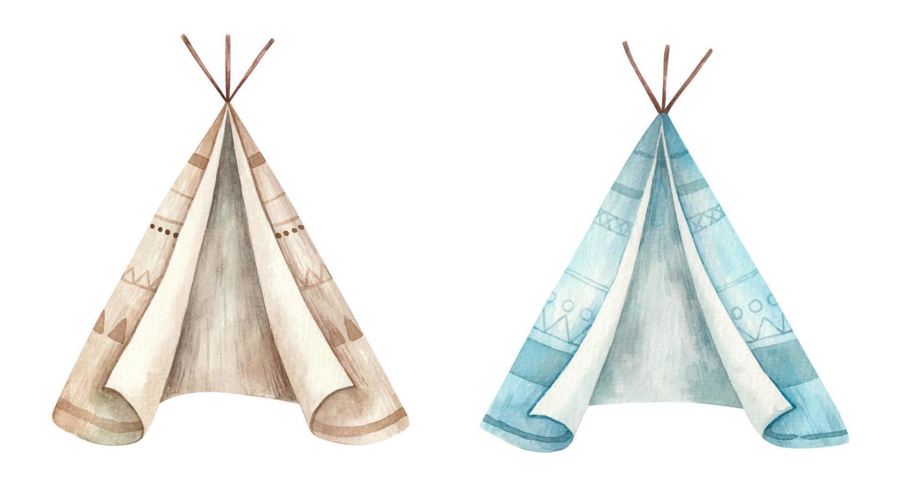 baby bruin en blauw wigwam, schattig baby waterverf illustratie geïsoleerd Aan wit achtergrond vector