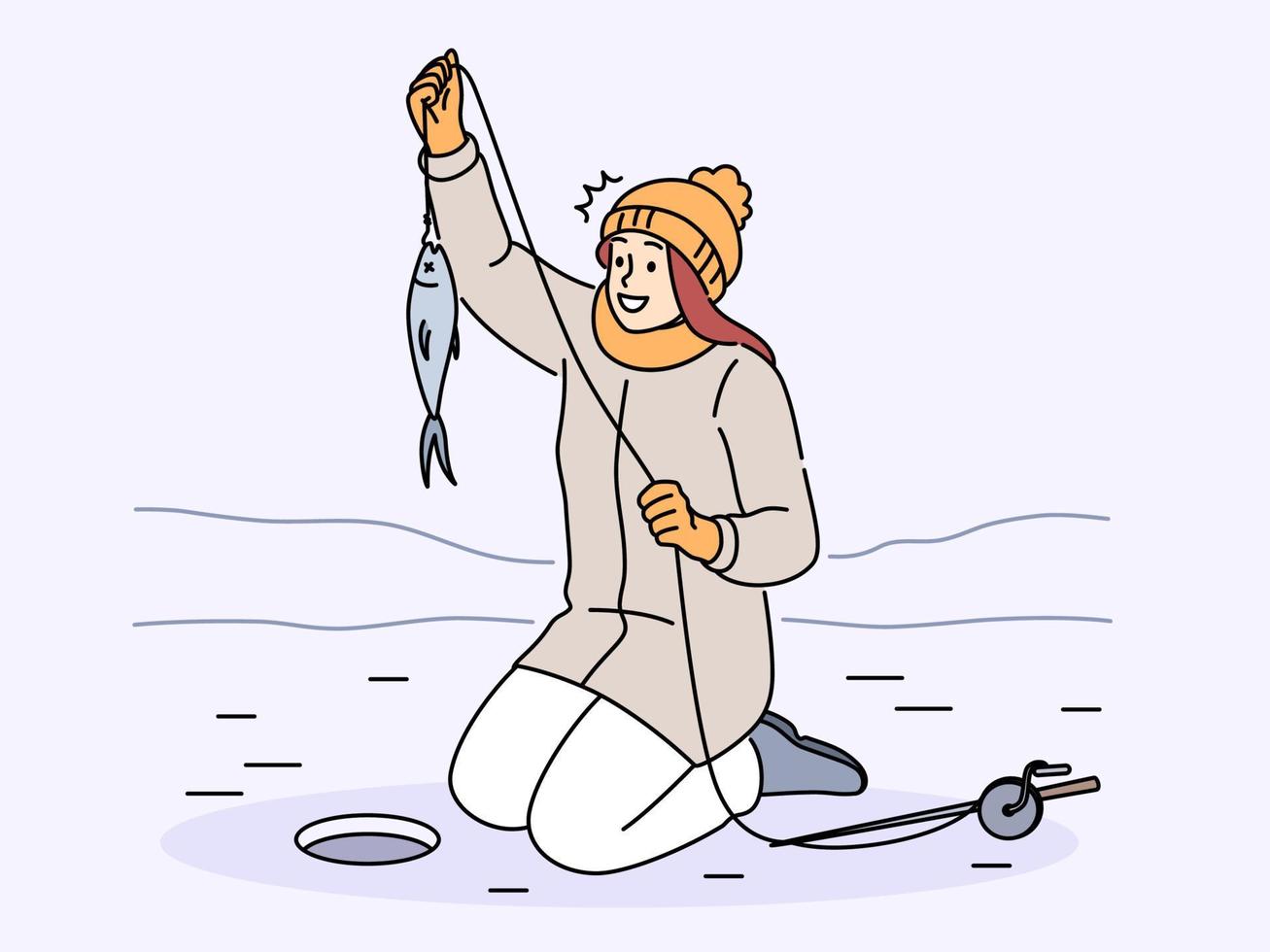 glimlachen vrouw vangst vis zittend Aan bevroren meer. gelukkig vrouw visvangst Aan winter rivier. hobby en weekend vrije tijd werkzaamheid. vector illustratie.