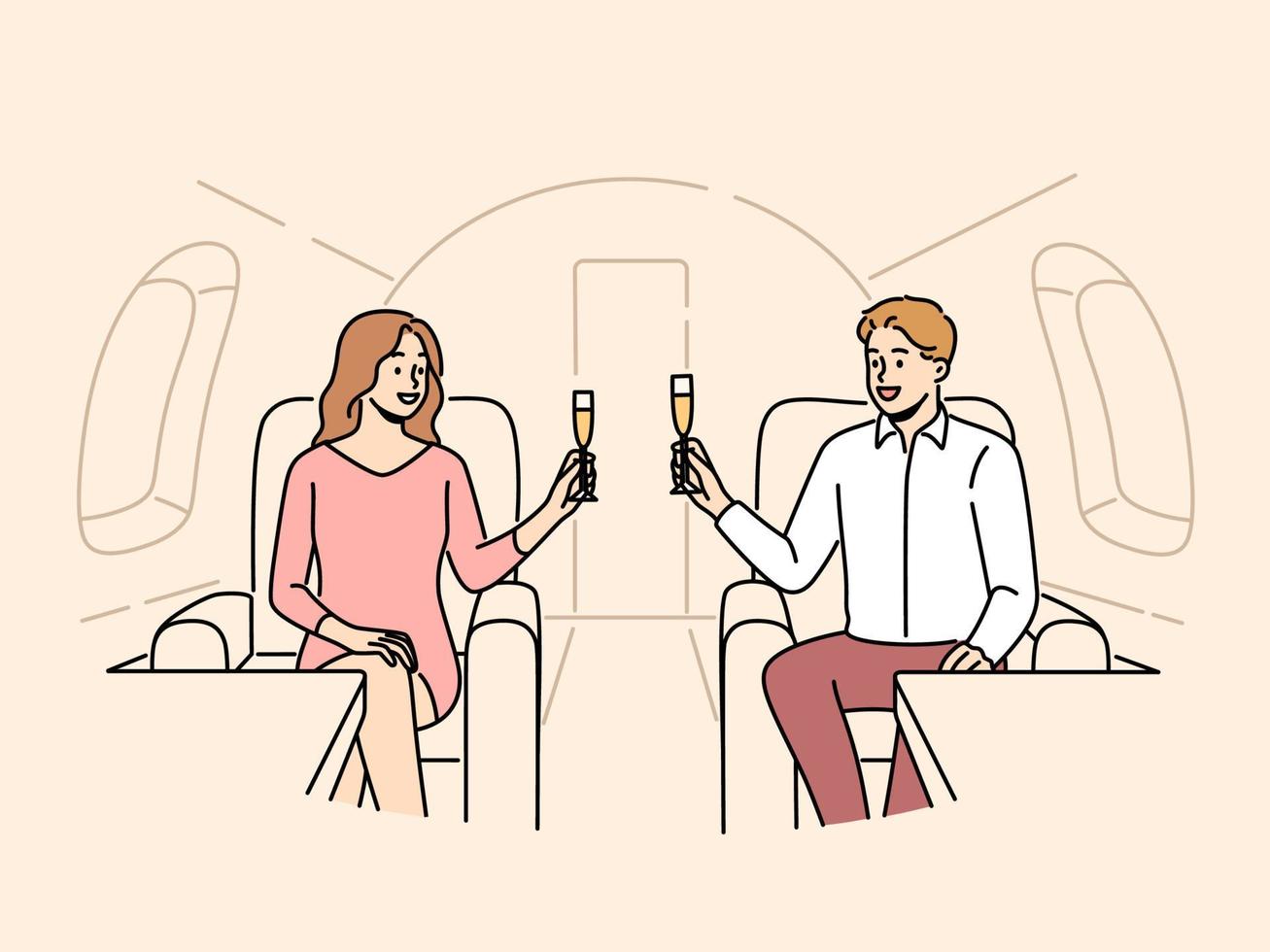 gelukkig paar proost met Champagne vliegend in privaat Jet. glimlachen geslaagd Mens en vrouw drinken Aan vlak. rijk en welzijn. vector illustratie.