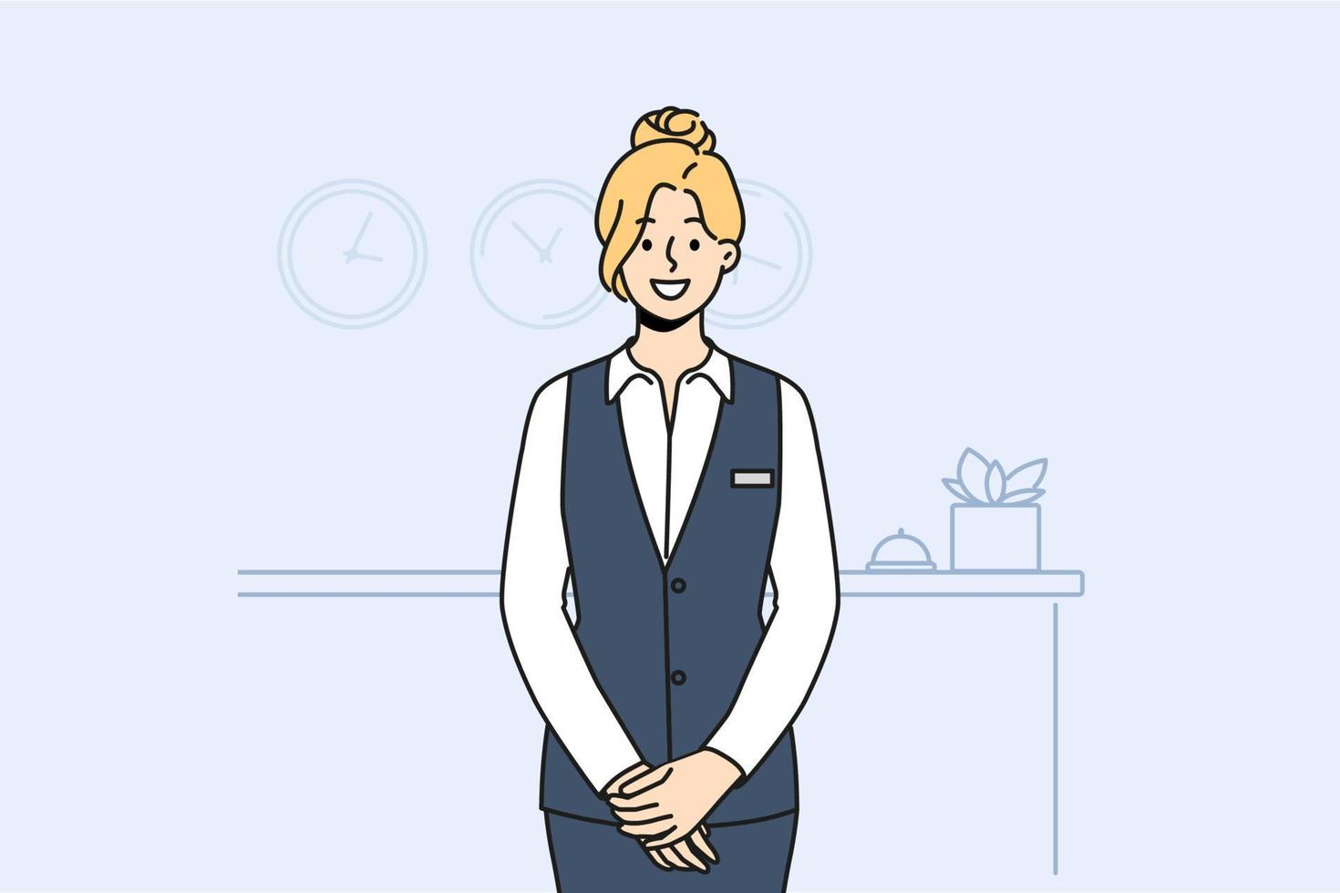 glimlachen vrouw receptioniste in uniform poseren Bij teller in hotel. gelukkig vrouw beheerder werken Bij ontvangst. vector illustratie.