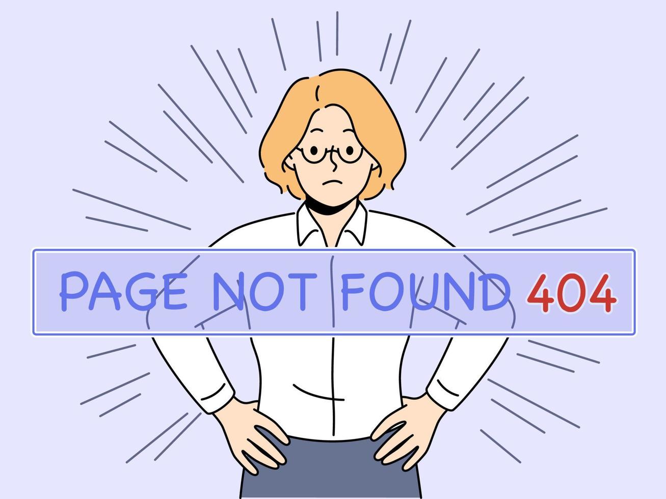 verontrust zakenvrouw zien bladzijde niet gevonden probleem. ongelukkig vrouw werknemer te ontvangen 404 fout kennisgeving terwijl werken. vector illustratie.