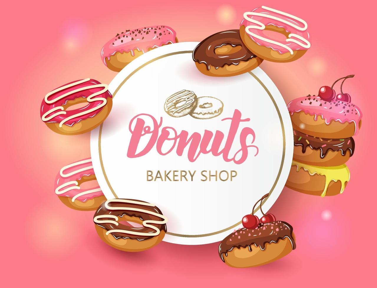 vector zoete achtergrond frame met geglazuurde donuts met kersen en poeder. woestijnaffiche voor menu en banners. voedsel ontwerp