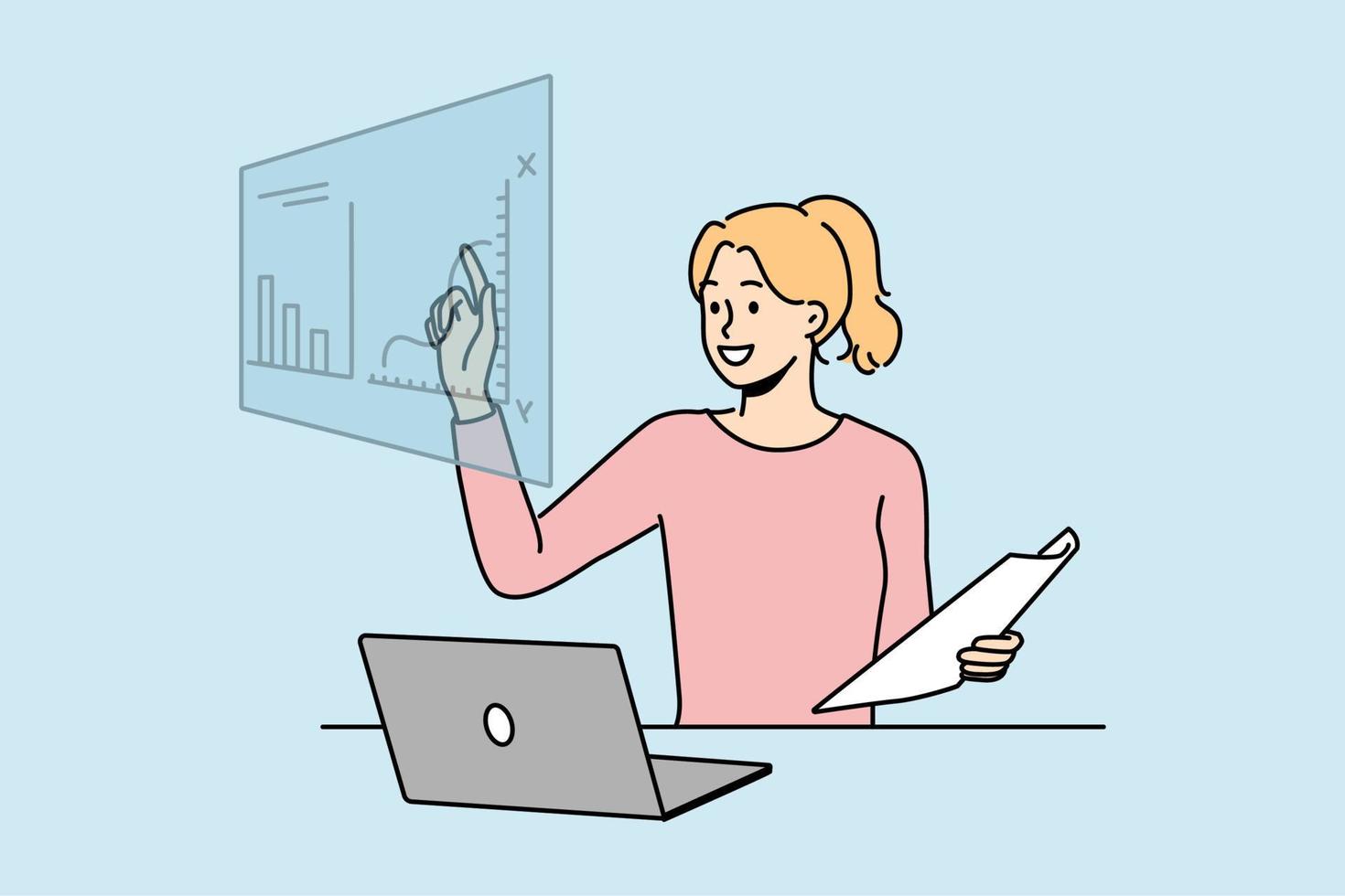 glimlachen vrouw werknemer zitten Bij bureau werken Aan computer met financieel grafieken. gelukkig vrouw bezig handel online Aan voorraad markt. vector illustratie.