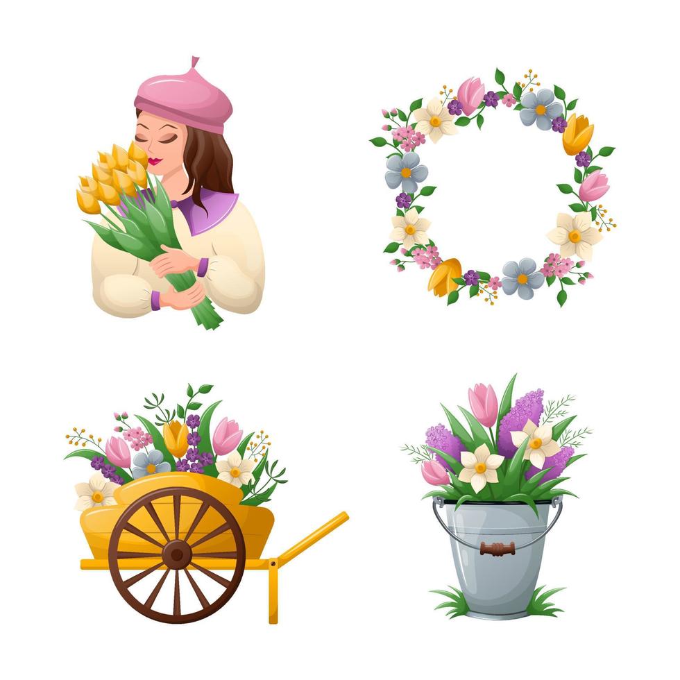 reeks van illustraties met voorjaar thema. delicaat afbeeldingen met bloemen. tuinieren, bloemisterij en bloem meisje. vlak vector illustratie.