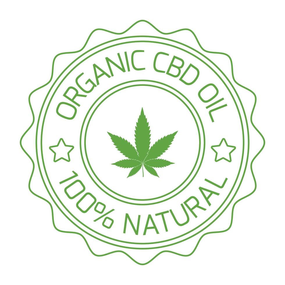 biologisch cbd olie logo, insigne, zegel, embleem, 100 procent natuurlijk olie met marihuana bladeren, groen cbd olie etiket vector