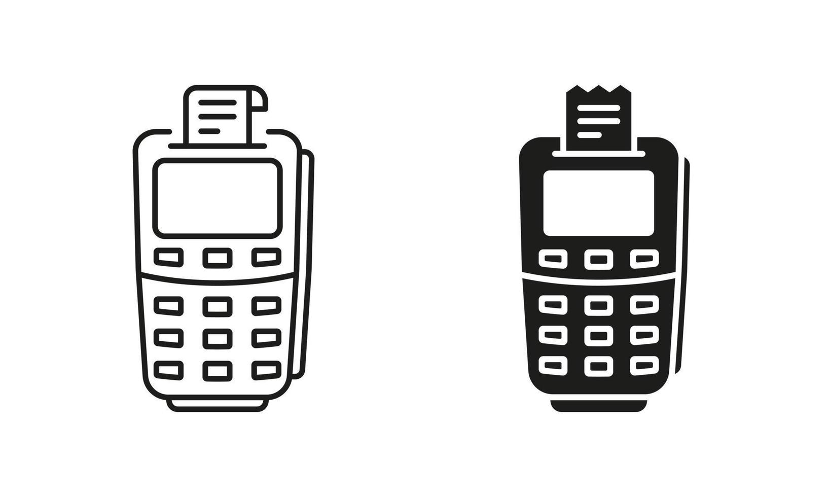 financiën terminal voor zonder contant geld betaling silhouet en lijn icoon set. pos met betalen bon pictogram. elektronisch geld transactie bank machine symbool. bewerkbare hartinfarct. geïsoleerd vector illustratie.