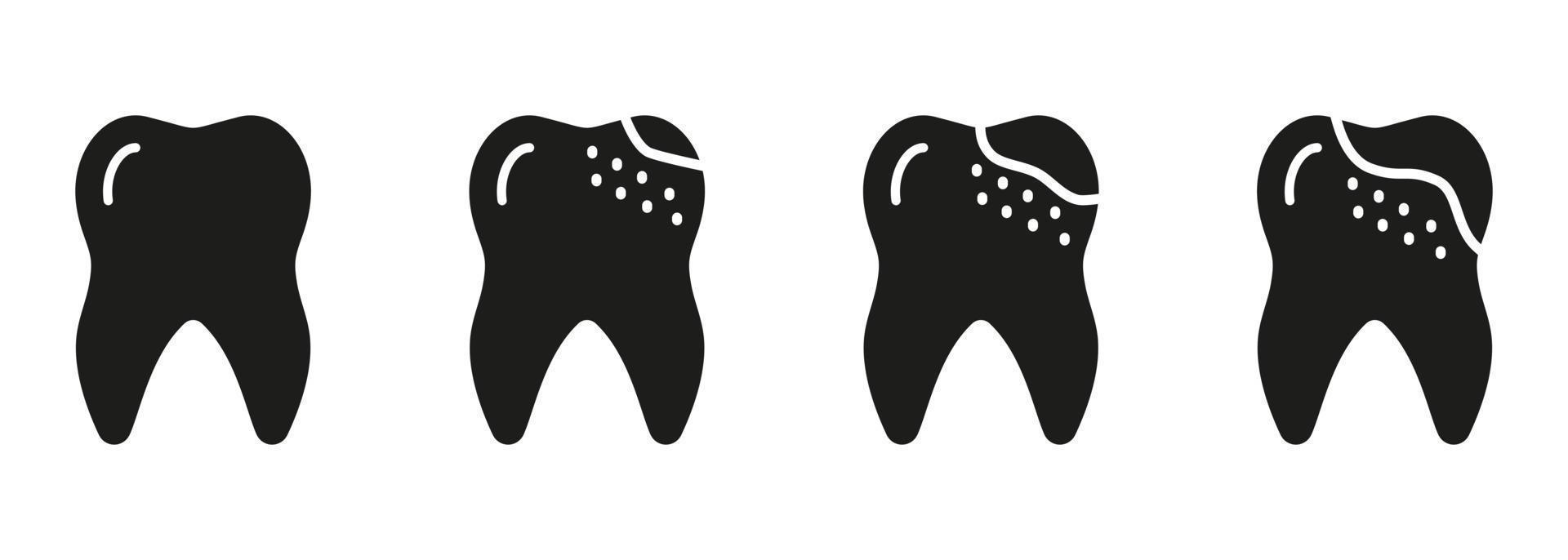 orthodontisch tanden probleem. tandheelkundig cariës werkwijze silhouet icoon set. tandheelkundig behandeling teken. tand ziekte stadia glyph pictogram. tandheelkunde solide symbool. geïsoleerd vector illustratie.