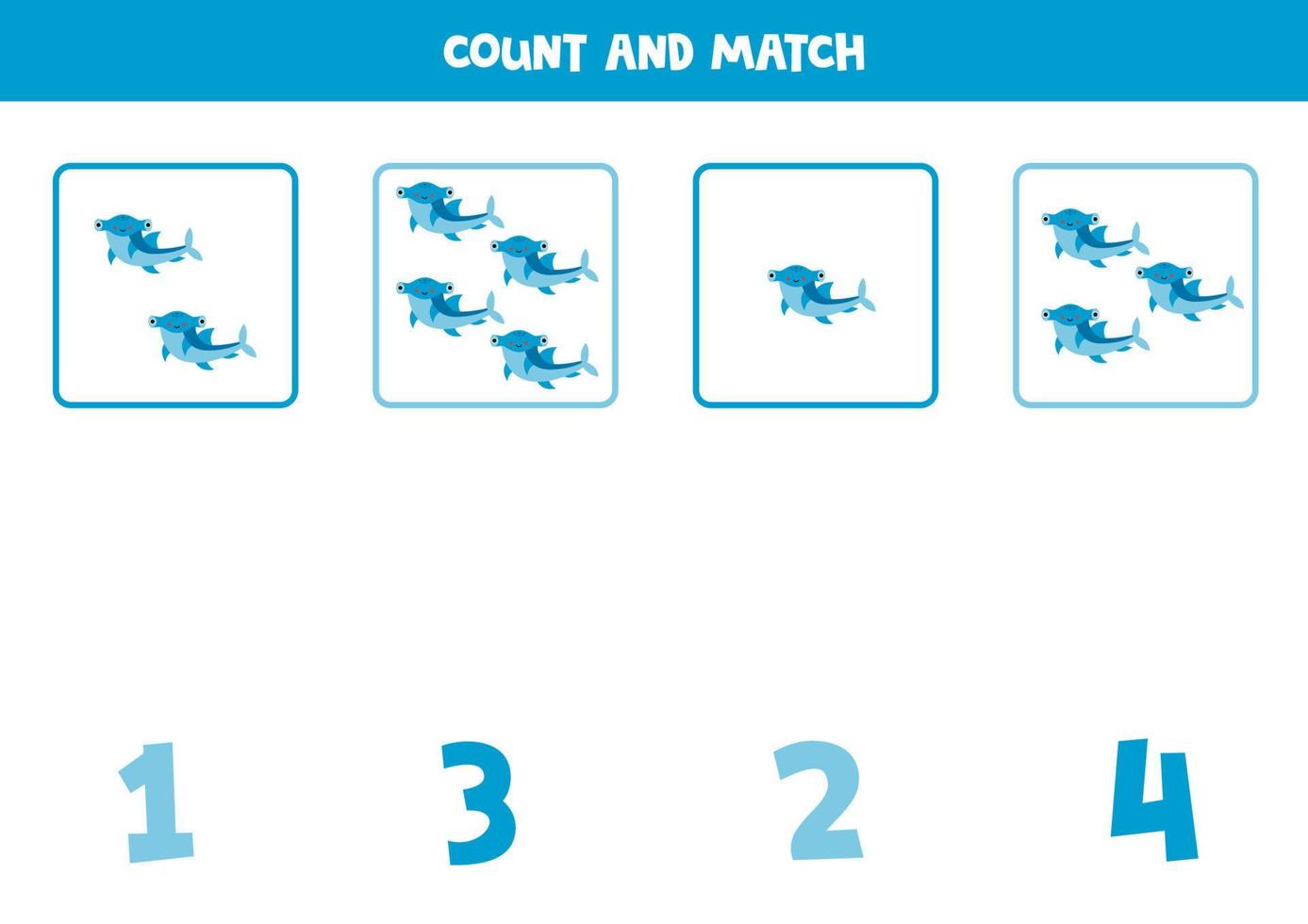 tellen spel voor kinderen. tellen allemaal hamerhaai haaien en bij elkaar passen met nummers. werkblad voor kinderen. vector