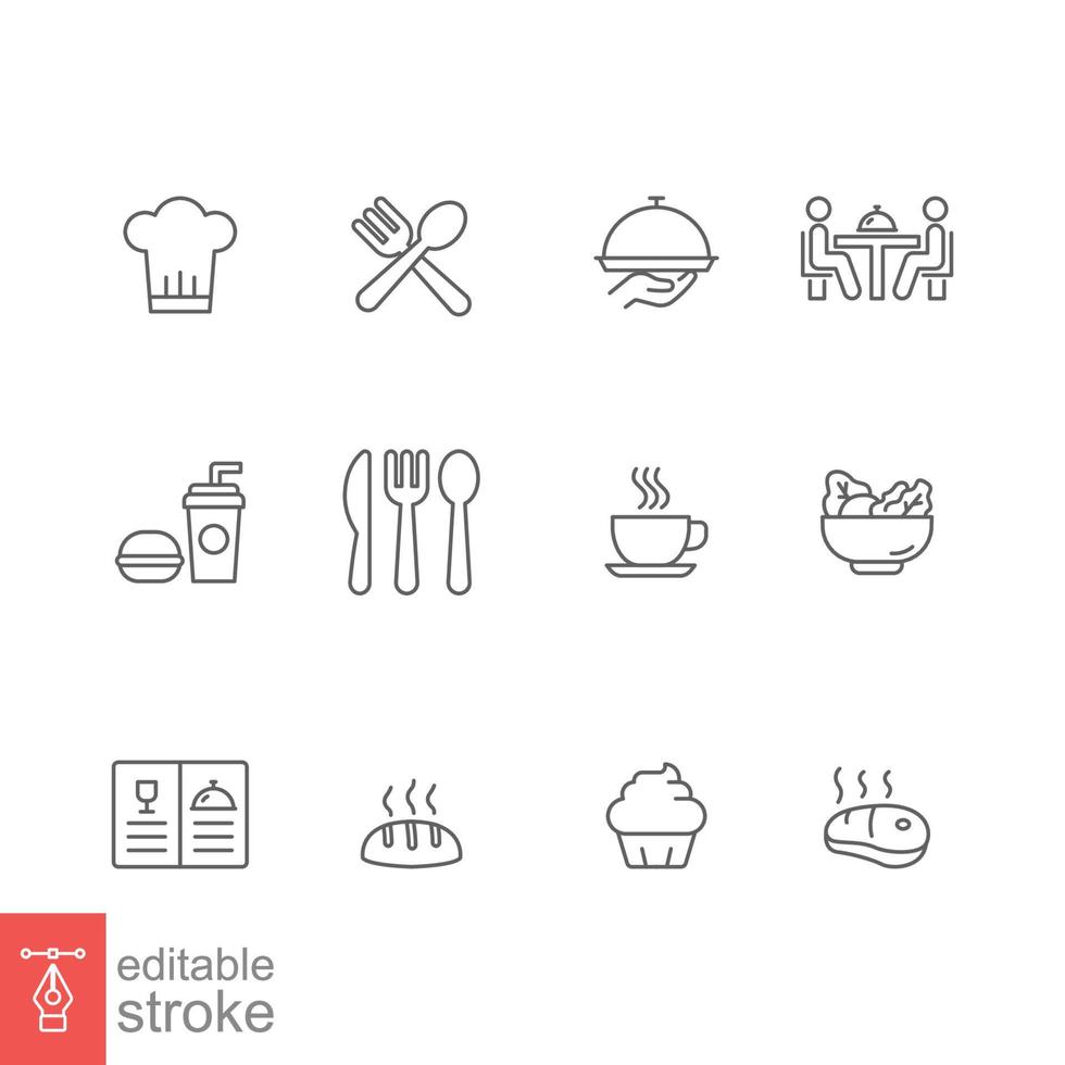 restaurant voedsel icoon set. gemakkelijk schets stijl. eten, keuken, tafel, bord, chef, diner, gerecht, voedsel en drank concept. vector illustratie geïsoleerd Aan wit achtergrond. bewerkbare beroerte eps 10.