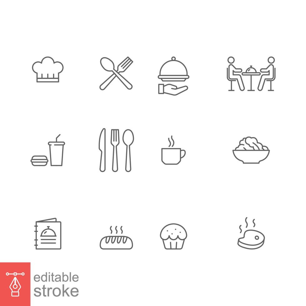 restaurant voedsel icoon set. gemakkelijk schets stijl. eten, keuken, tafel, bord, chef, diner, gerecht, voedsel en drank concept. vector illustratie geïsoleerd Aan wit achtergrond. bewerkbare beroerte eps 10.