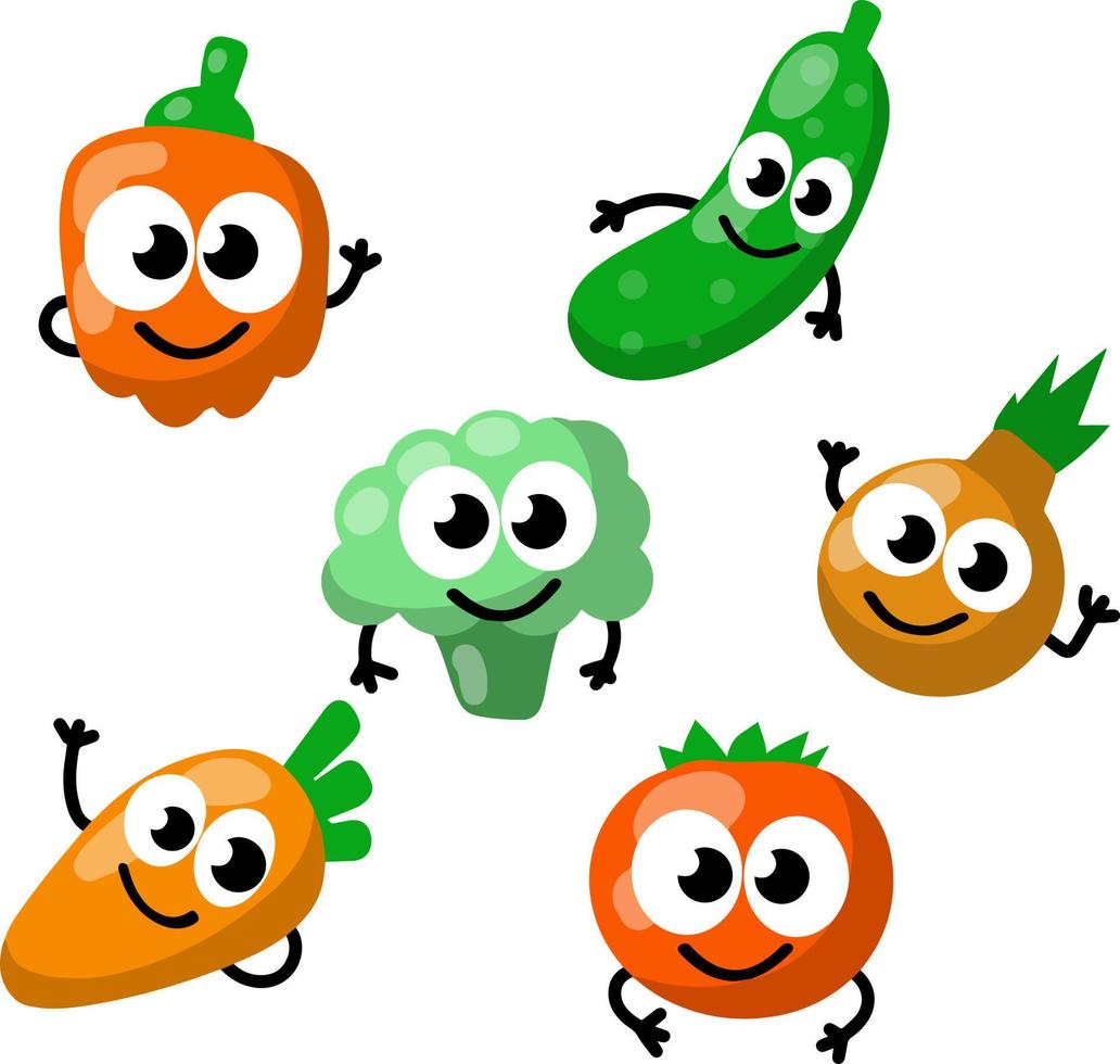 cartoon vlakke afbeelding. verse natuurlijke dorpsproducten. tomaat en paprika, ui met komkommer, broccoli, wortel vector