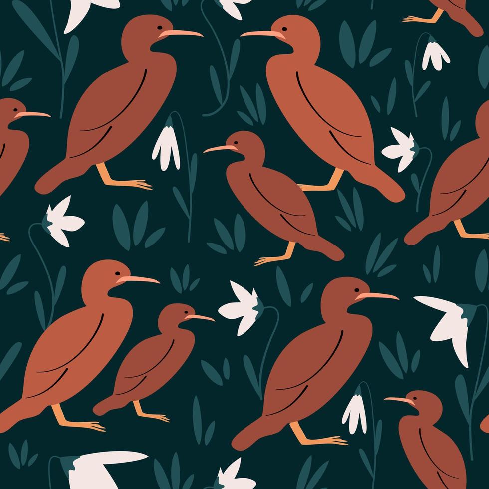 schattig naadloos vector patroon achtergrond illustratie met bruin vogels, wit bloemen en gras