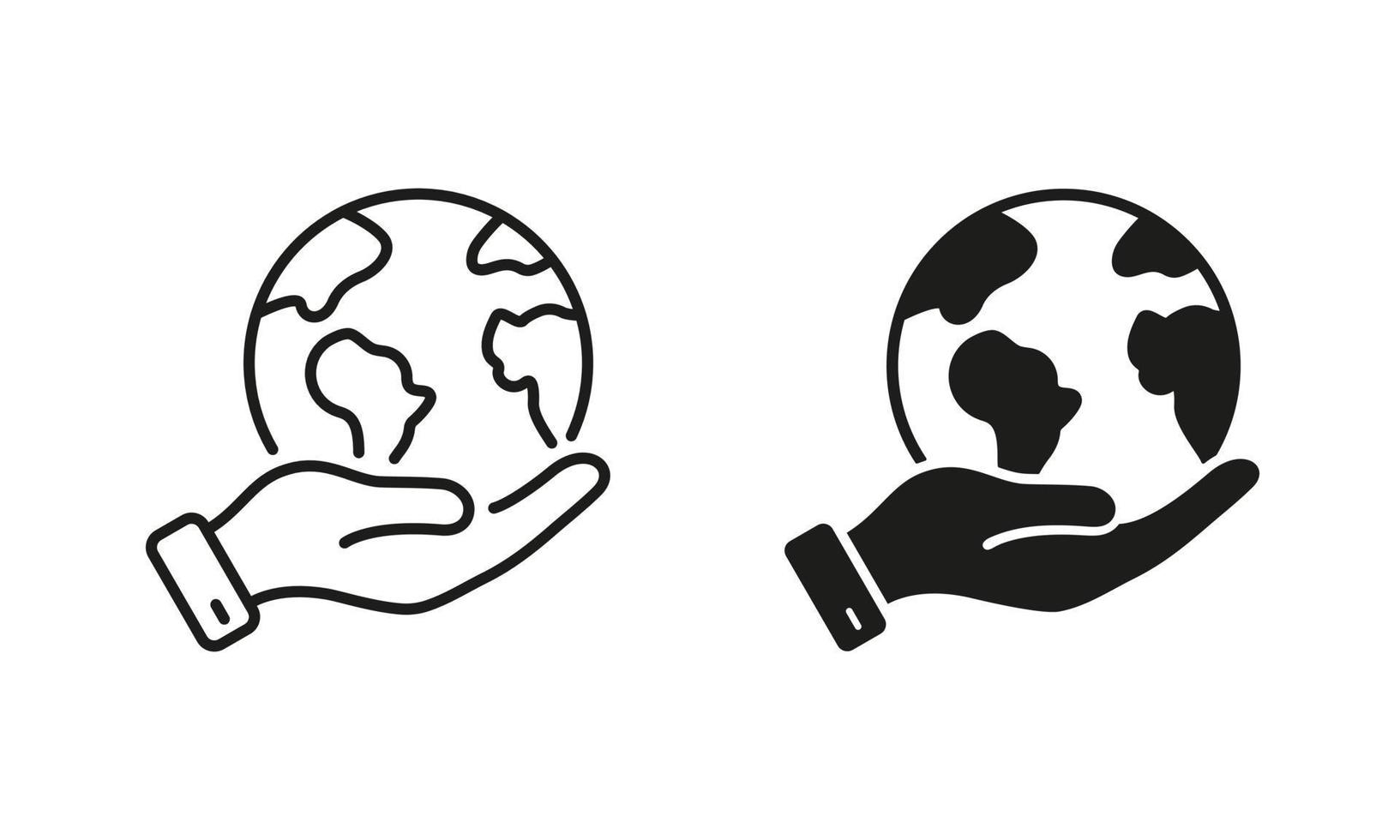 hand- houden planeet aarde lijn en silhouet icoon set. menselijk beschermen milieu bio pictogram. globaal vrede, steun, helpen, opslaan symbool verzameling Aan wit achtergrond. geïsoleerd vector illustratie.