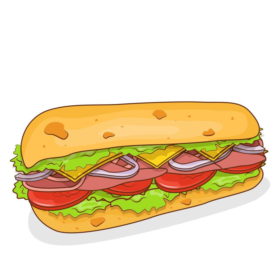 belegd broodje met ham, kaas, tomaten en uien. vector vlak illustratie.