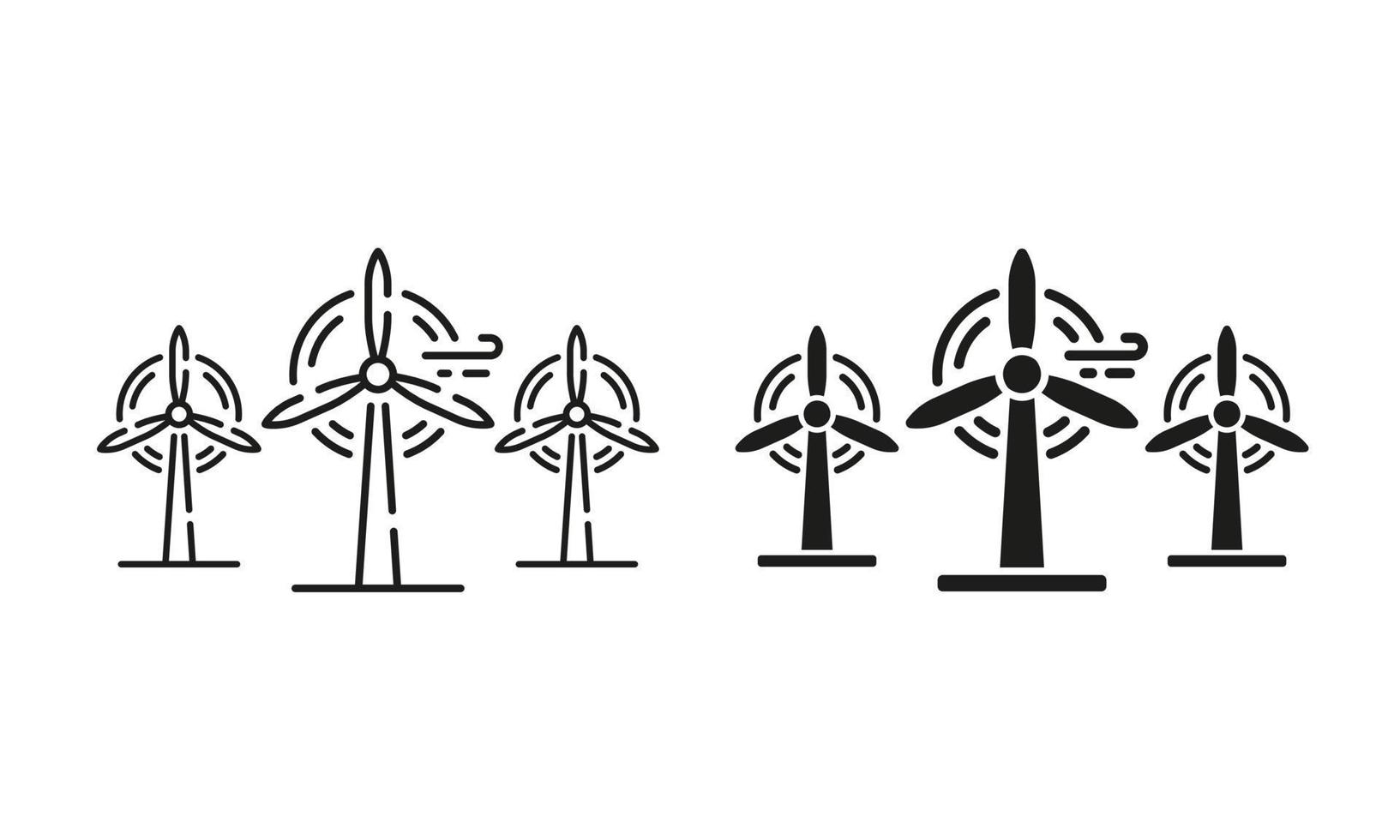 windmolen lijn en silhouet icoon set. eco hernieuwbaar energie. wind molen boerderij elektriciteit stroom. ecologie technologie van elektrisch industrie symbolen Aan wit achtergrond. geïsoleerd vector illustratie.