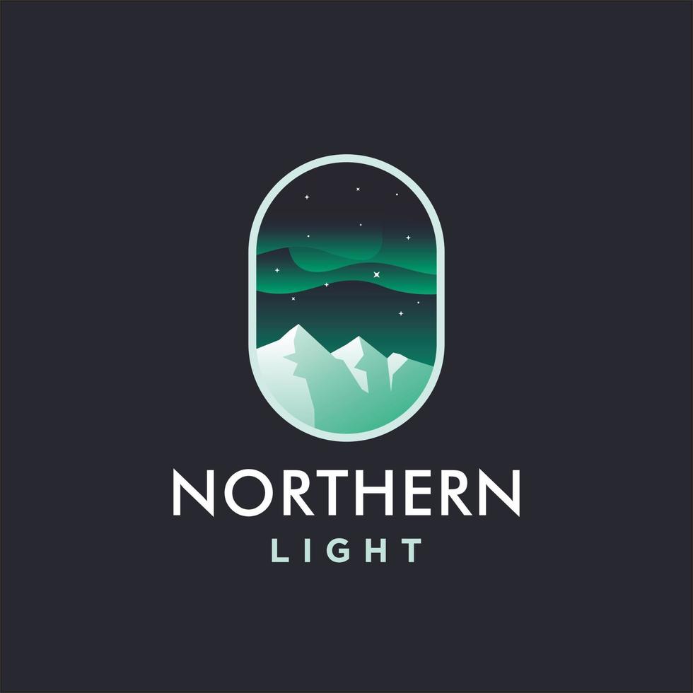 noorden lichten logo. noordelijk licht lucht Aurora en sterren icoon logo ontwerp illustratie achtergrond met berg ijs in nacht lucht. groen Aurora borealis logo vector