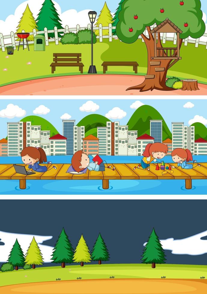 set van verschillende horizontale scènes achtergrond met doodle kinderen stripfiguur vector