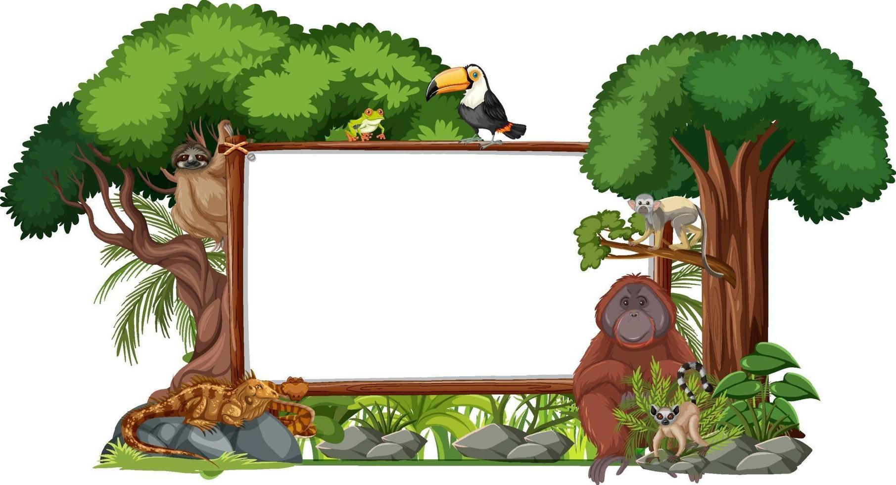 lege banner met wilde dieren en regenwoudbomen op witte achtergrond vector