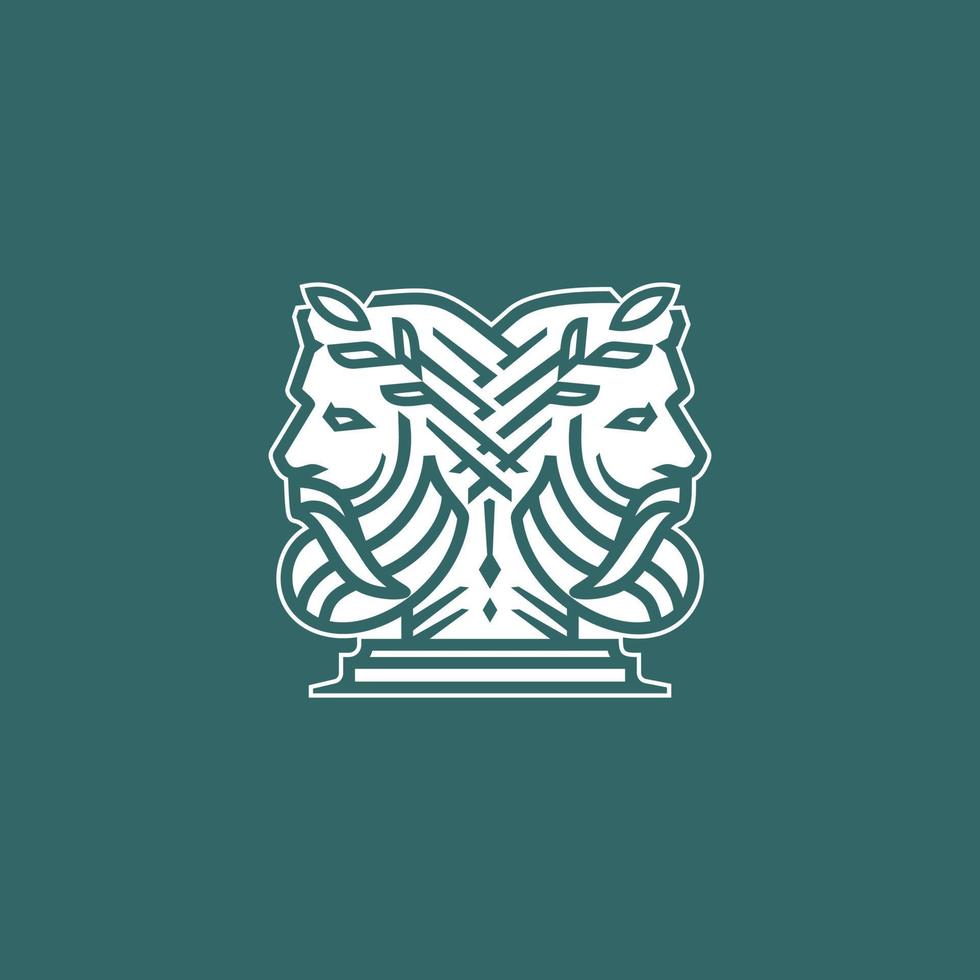 Janus logo. oude Grieks figuur gezicht hoofd standbeeld beeldhouwwerk logo ontwerp, elegantie logo van god vervelend blad kroon, lijn lineair illustratie elegant logo illustratie vector