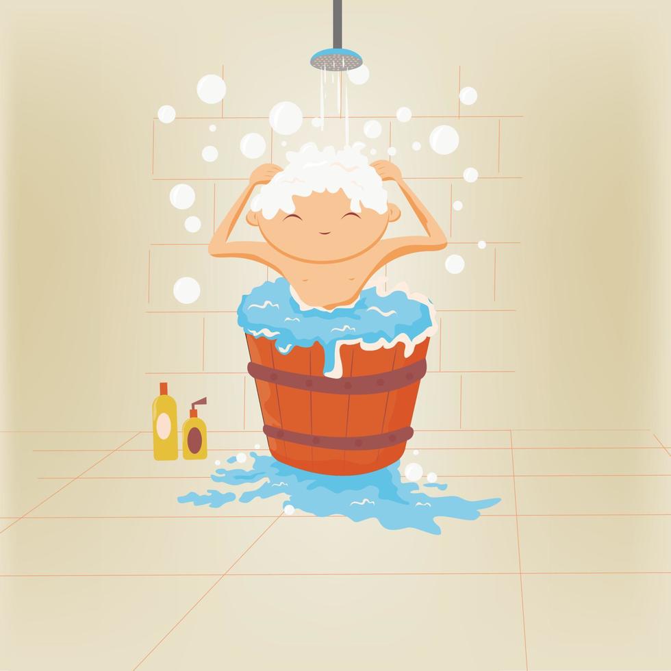 jongen is nemen een bad met shampoo schuim Aan zijn hoofd vector
