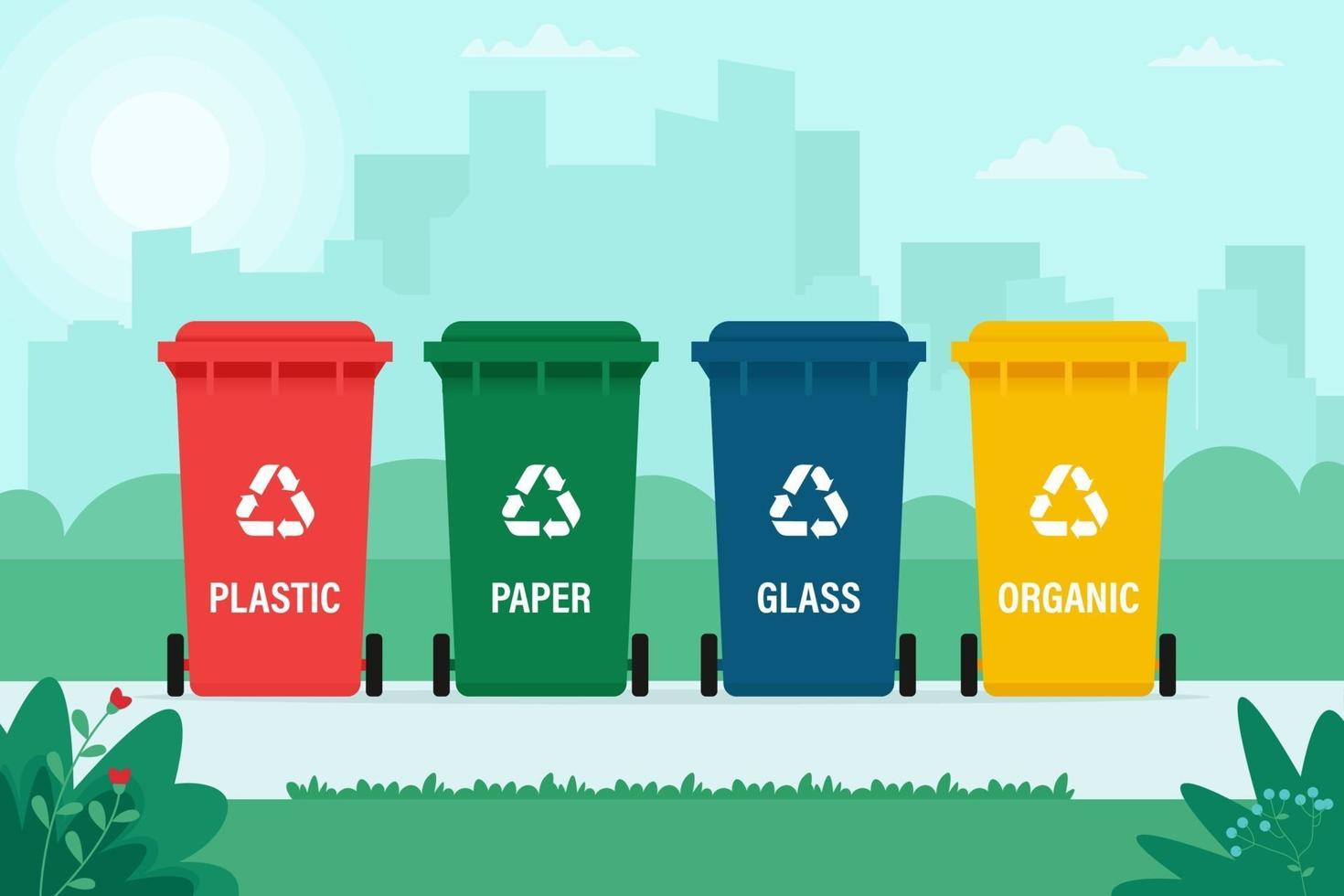 vuilnisbakken voor organisch, papier, plastic, glasafval op stadsachtergrond vector