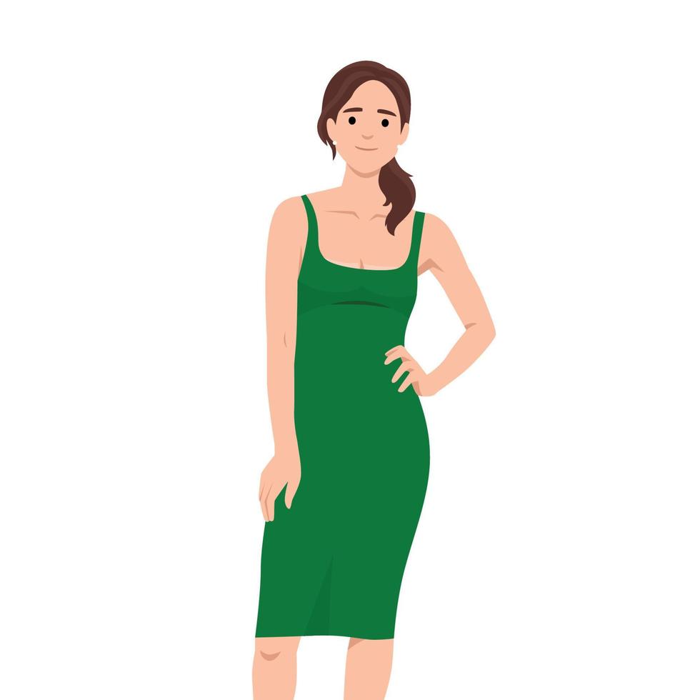 vector mode illustratie van een mooi jong vrouw in een groen partij jurk. mode model- in een zomer kleding