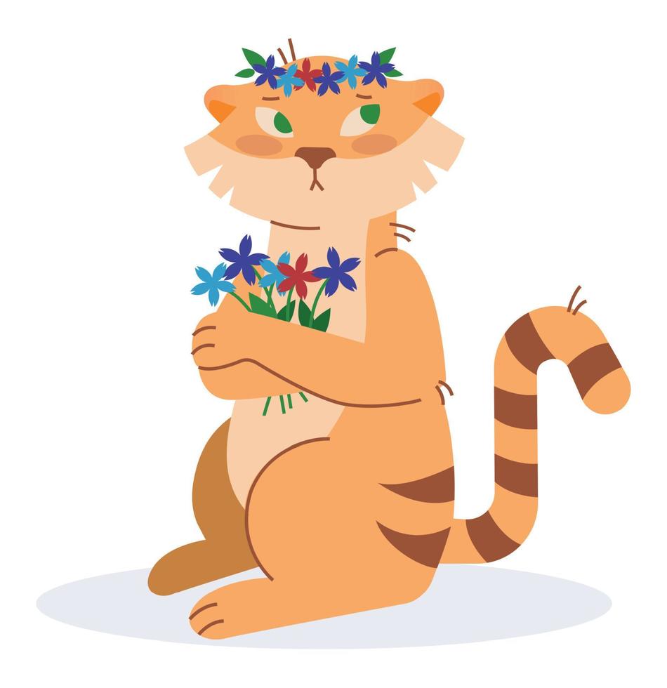 de tijger is zittend met bloemen. vector afbeelding.