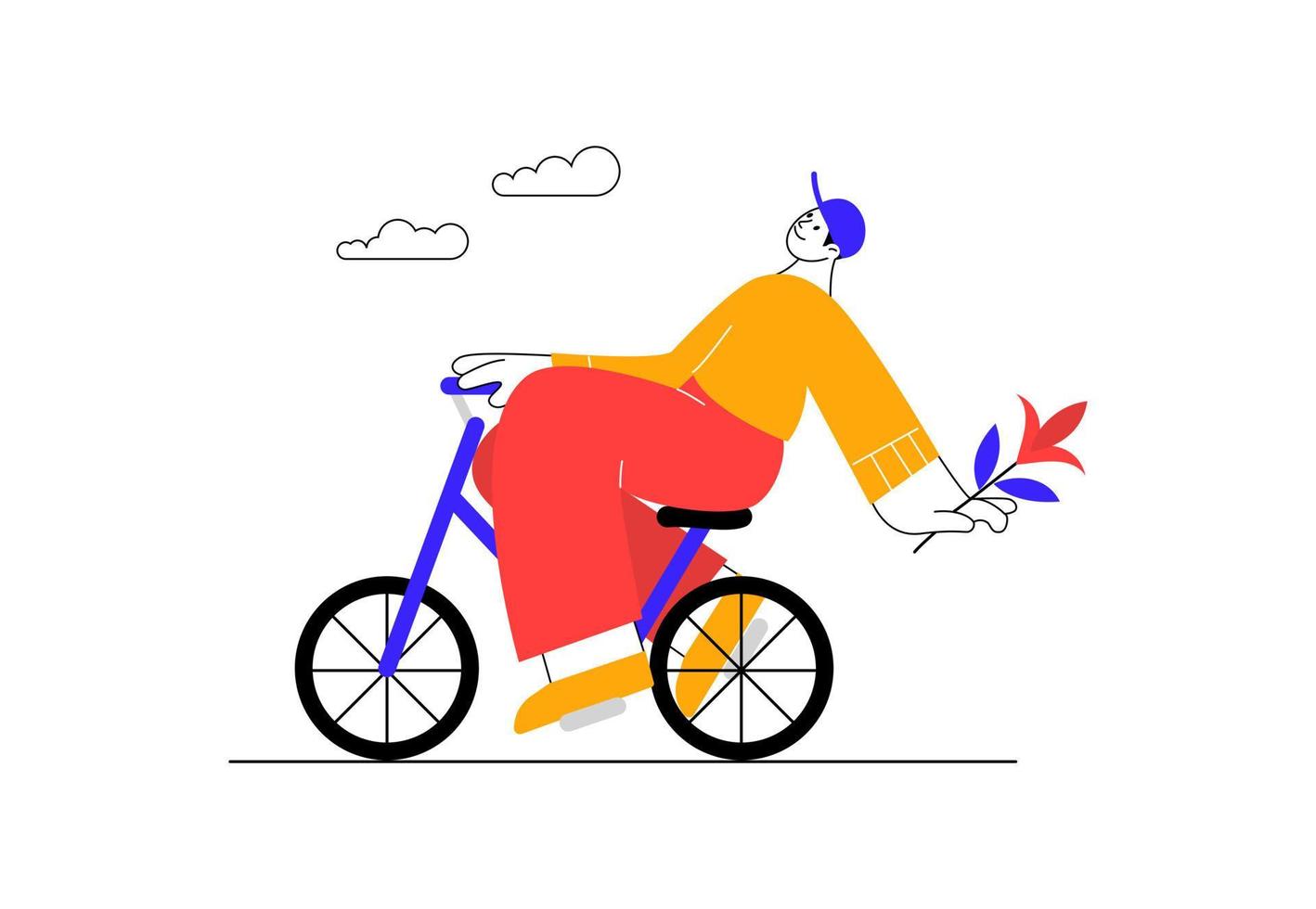 gelukkig Mens Aan fiets. fiets rijden. persoon reist door fiets. hand- getrokken karakter. wielersport in natuur. fiets dag ansichtkaart. tekening stijl. actief levensstijl, zomer sport. vector illustratie