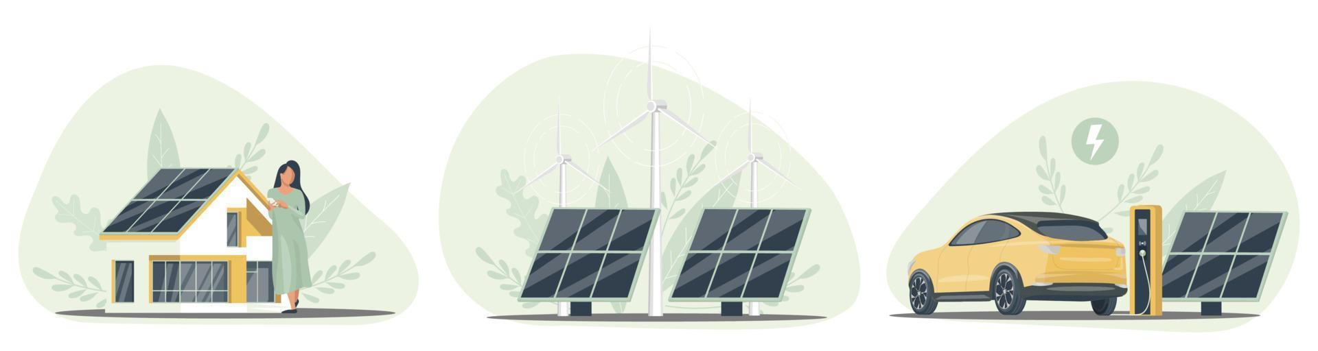 schoon energie van set. elektrisch auto met opladen station. wind en zonne- generatie. de concept van alternatief elektriciteit productie. geïsoleerd vector illustratie