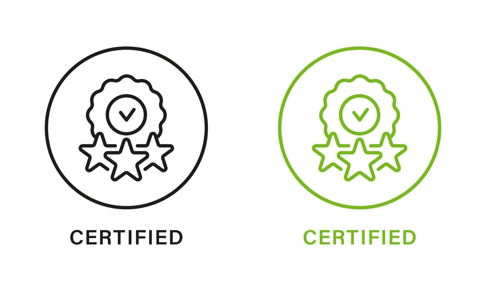 gecertificeerd Product kwaliteit lijn groen en zwart icoon set. certificaat garantie schets pictogram. geaccrediteerd Product postzegel met sterren. controle symbool, geverifieerd zegel. geïsoleerd vector illustratie.