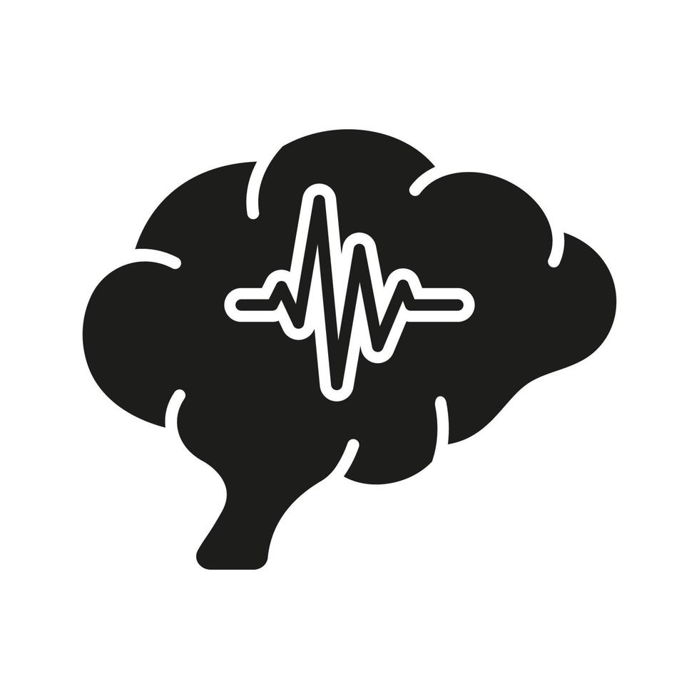 medisch neurologie wetenschap, menselijk intern orgaan solide pictogram. hersenen werkzaamheid diagnostisch glyph symbool Aan wit achtergrond. menselijk hersenen met Golf zwart silhouet icoon. geïsoleerd vector illustratie.