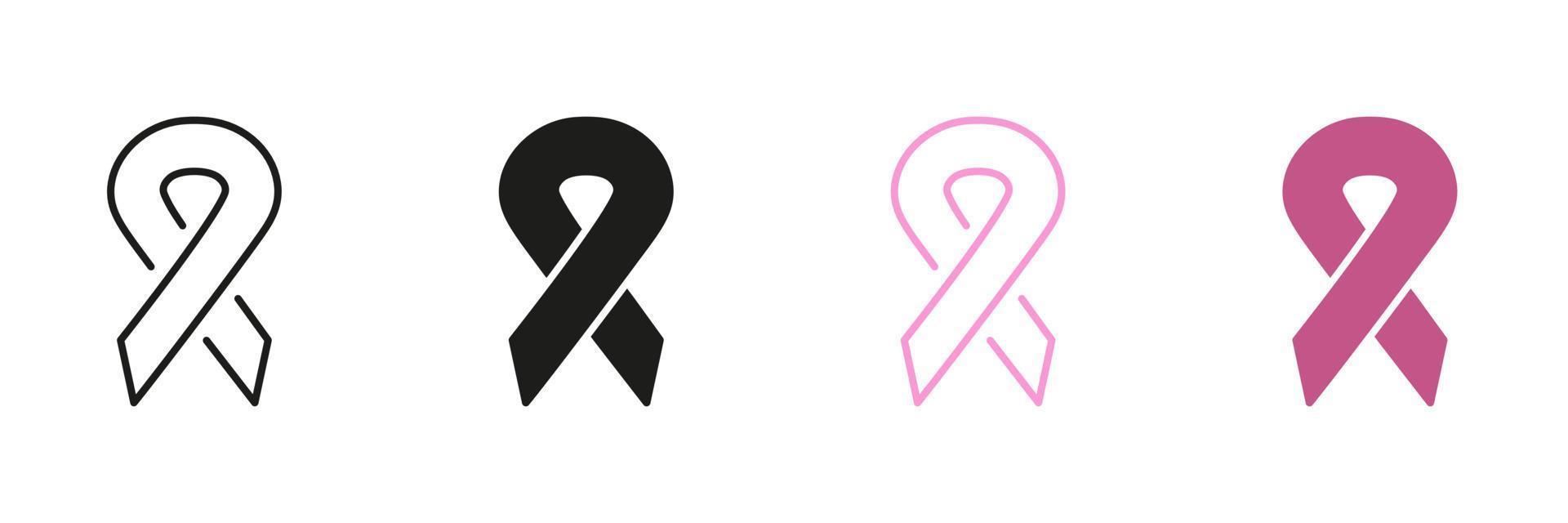 ondersteuning mensen met borst kanker. bewustzijn dag zwart en roze symbool verzameling. kanker lint lus lijn en silhouet icoon set. hoop, tolerantie campagne pictogram. geïsoleerd vector illustratie.
