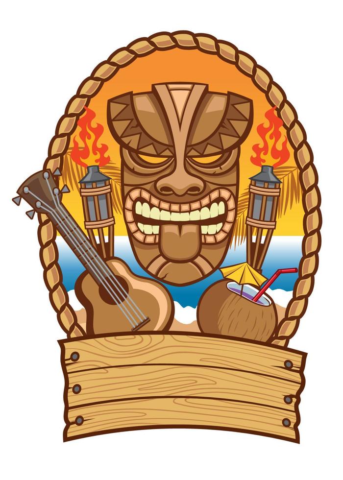 tiki masker met ukulele en kokosnoot vector