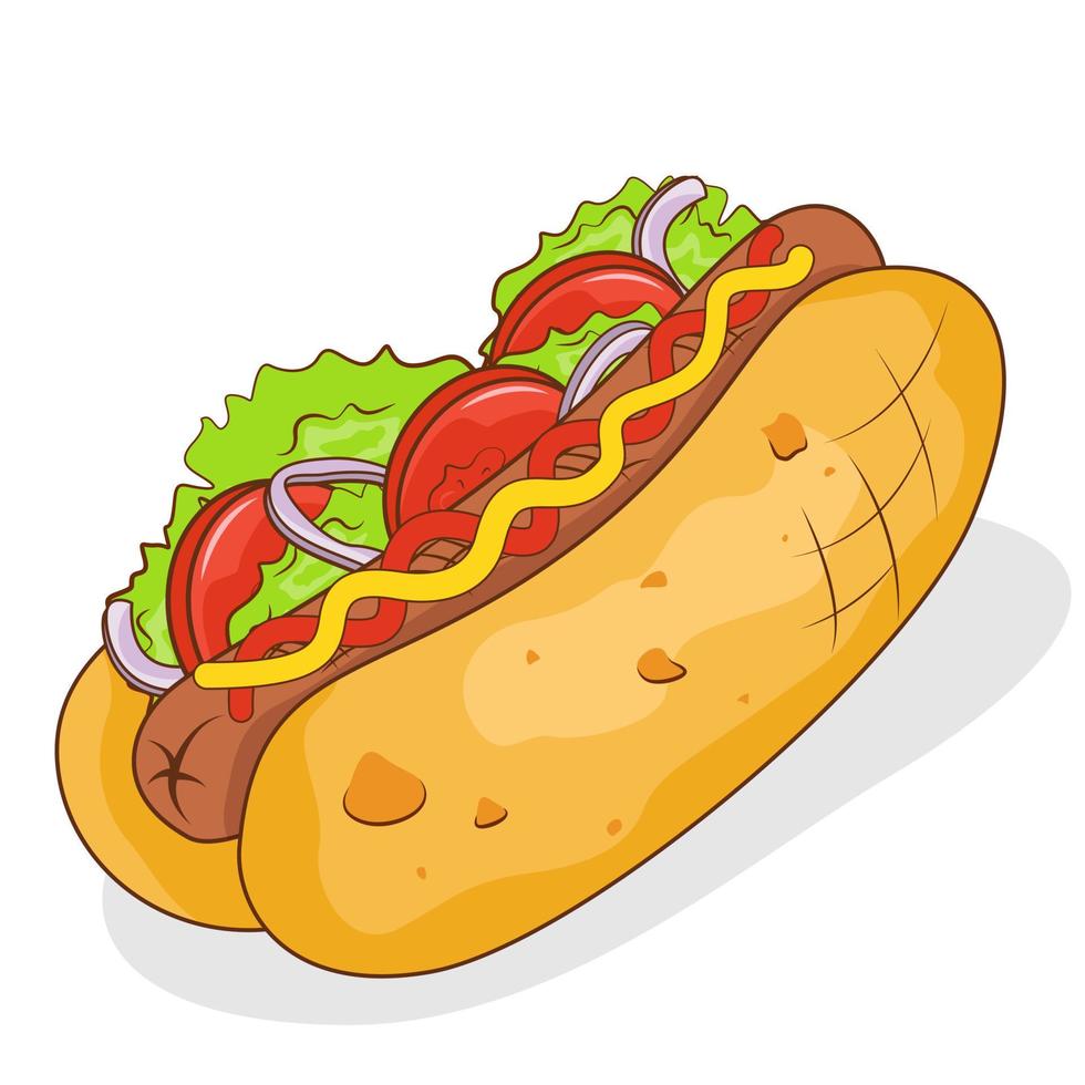hotdog met tomaat en salade. vector vlak illustratie.