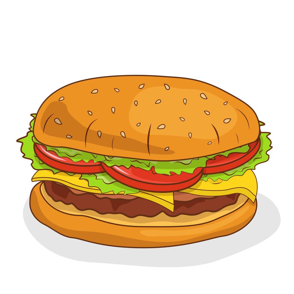 cheeseburger met een kaas, salade, tomaat, rundvlees en bun met sesam. vector vlak illustratie.