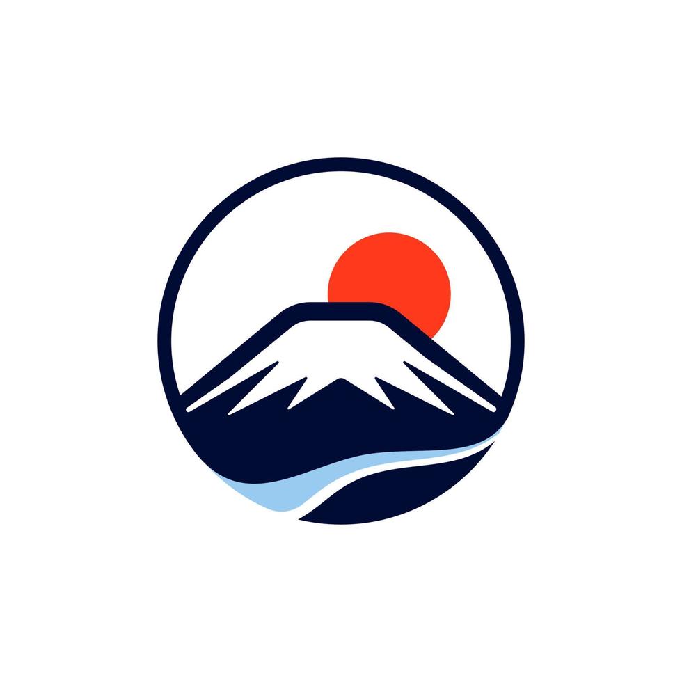 berg fuji insigne logo ontwerp. cirkel ontwerp insigne vector illustratie met rood zon en rivier- symbool icoon.