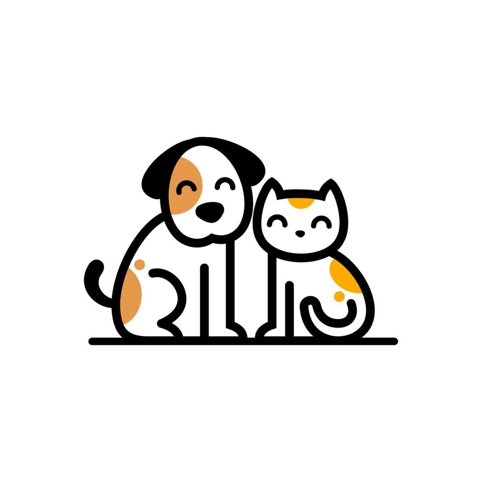 aanbiddelijk hond en kat vector tekenfilm illustratie ontwerp in lijn stijl, gemakkelijk modern dier huisdier winkel karakter logo concept. grappig puppy en pot vriend logo lijn kunst tekening